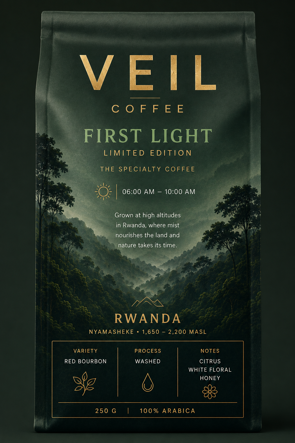 VEIL COFFEE First Light 250 g Beutel, Single Origin Rwanda, Red Bourbon, washed