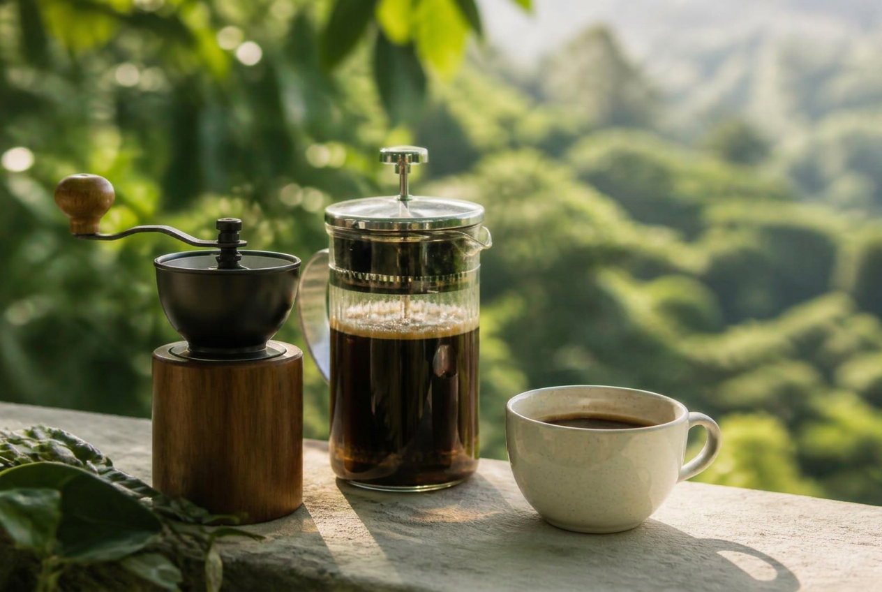 Handmühle, French Press und dampfende Tasse VEIL Kaffee im Morgenlicht